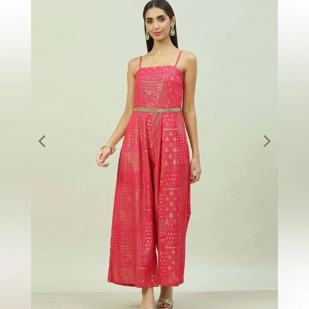 Pink and Gold Jumpsuit with Gold Waist Belt and Shrug - Picture 2 of 3